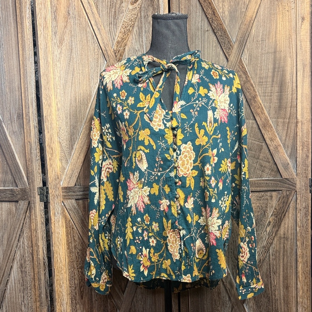 Pilcro Floral Tie-Neck Blouse in Deep Green and Mustard